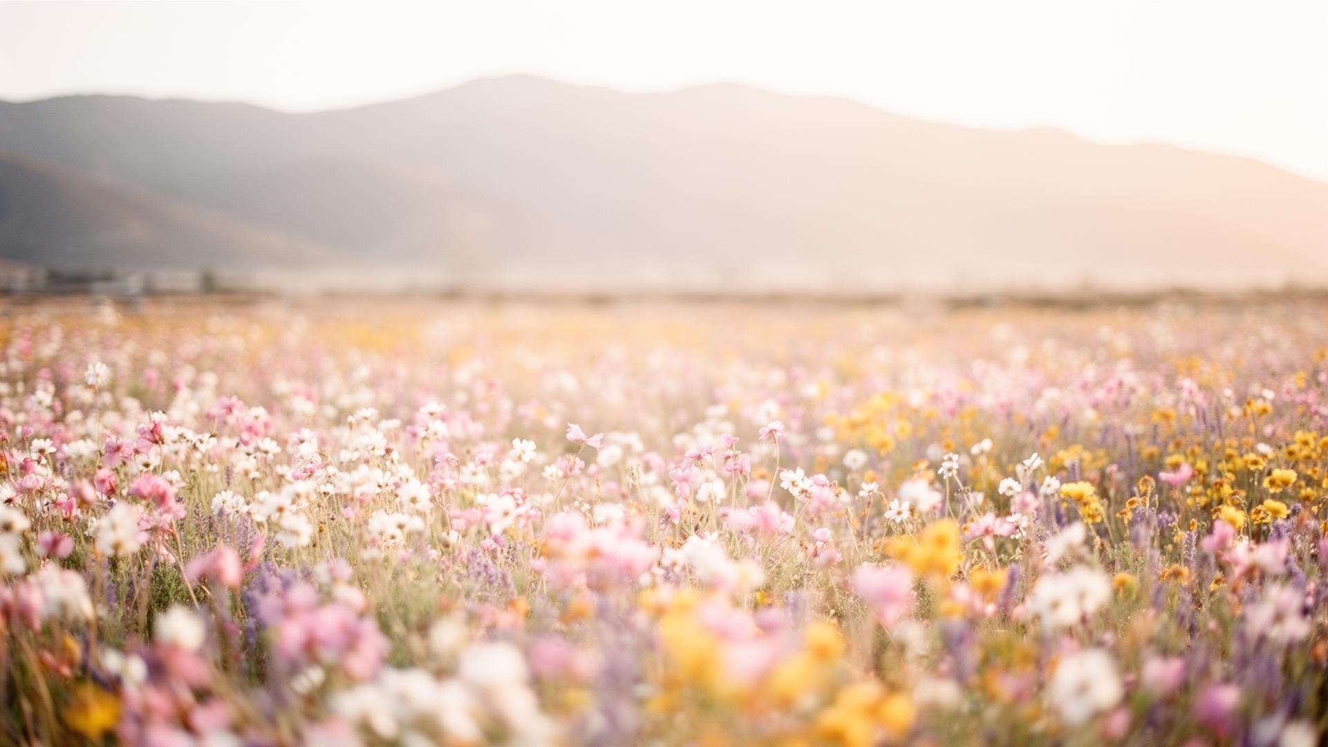 California wildflower field with soft mountains in the distance at golden hour