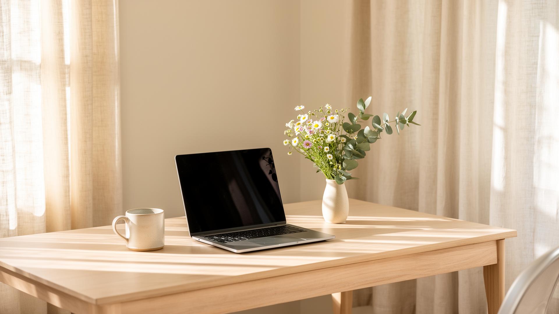 A sunlit organized workspace with a laptop, ceramic mug, and a small vase of wildflowers